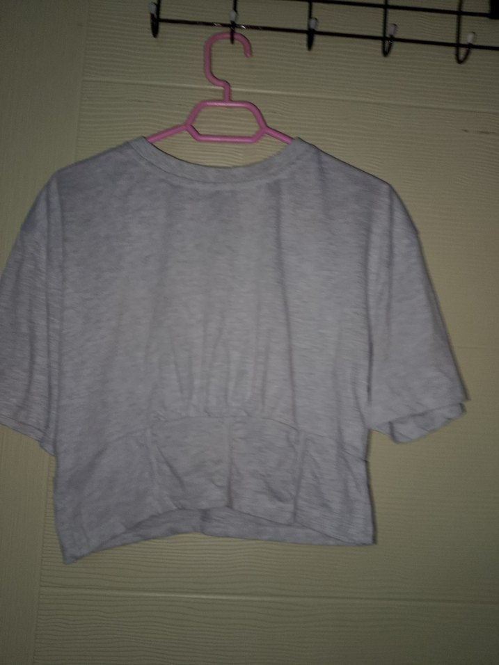 Gri Keten Kadın Kısa Kollu Salaş Tişört - Görsel 2