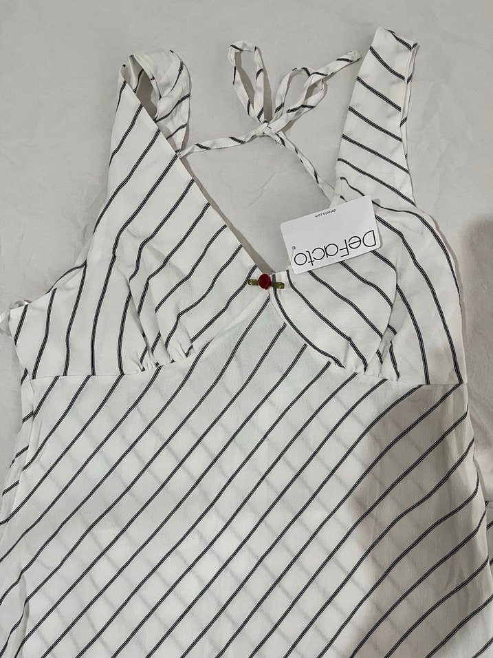 Çizgili V Yaka Uzun Askılı Elbise - Görsel 3