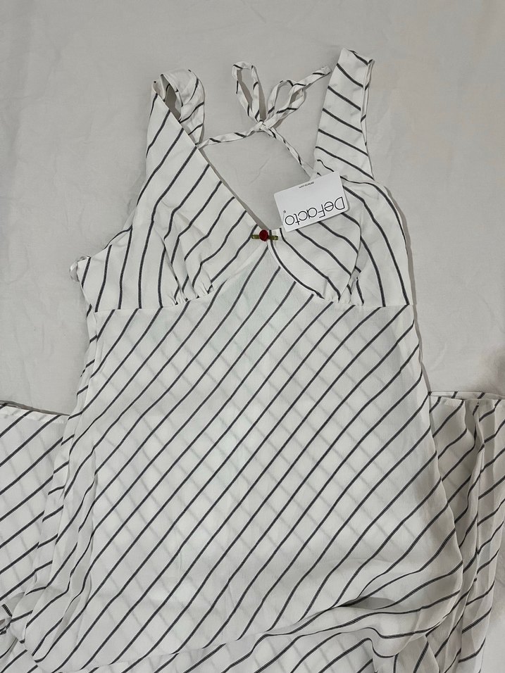 Çizgili V Yaka Uzun Askılı Elbise - Görsel 2