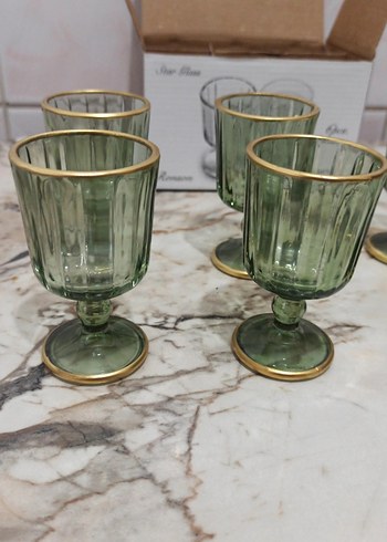 Kahverengi Kenarlı Yeşil Kadeh Seti kahve Yanı su bardağı - Görsel 2