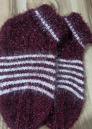 Bordo ve Gri Çizgili kadın örgü hanım çorabı - Görsel 4