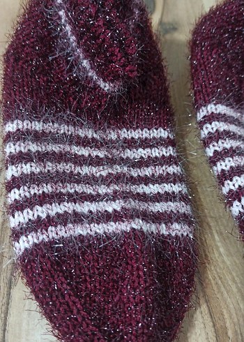 Bordo ve Gri Çizgili kadın örgü hanım çorabı - Görsel 2