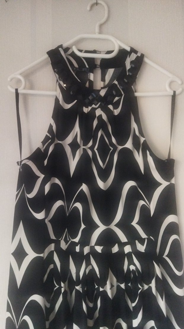 Desenli Siyah Gri  Midi Elbise - Görsel 4