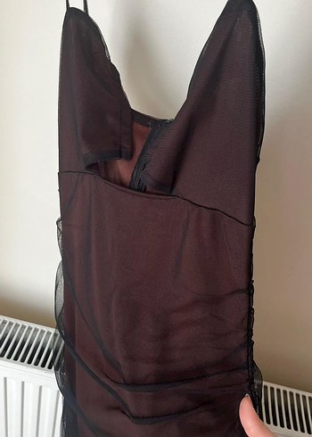 Bordo Drapeli Straplez Midi Elbise - Görsel 4