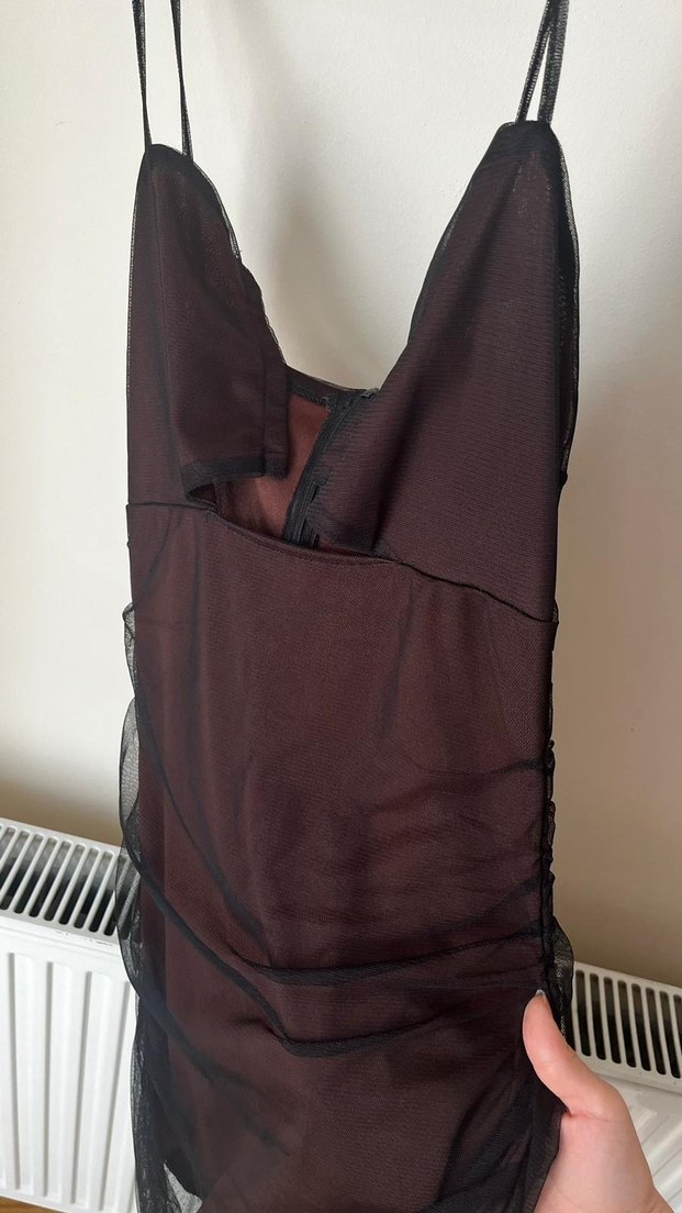 Bordo Drapeli Straplez Midi Elbise - Görsel 4