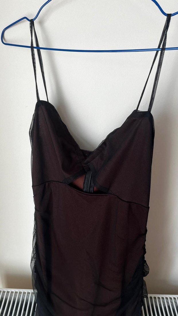 Bordo Drapeli Straplez Midi Elbise - Görsel 3