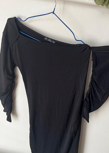 Drapeli Siyah V-Yaka Uzun Kollu elbise - Görsel 3