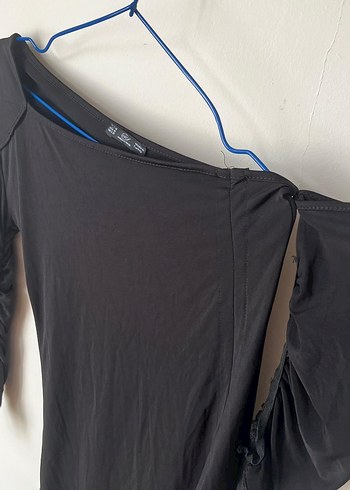 Drapeli Siyah V-Yaka Uzun Kollu elbise - Görsel 4