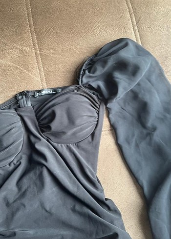 Siyah Gotik V Yaka Drapeli Midi Elbise - Görsel 2