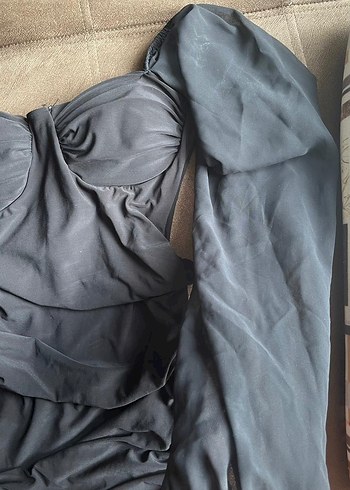 Siyah Gotik V Yaka Drapeli Midi Elbise - Görsel 3