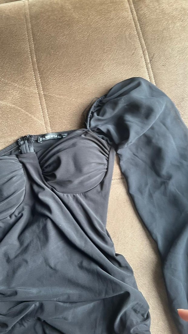 Siyah Gotik V Yaka Drapeli Midi Elbise - Görsel 2