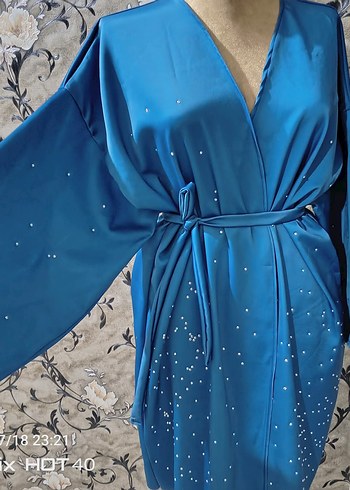 Parlak Mavi Nakışlı Uzun Kadın kimono