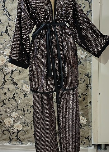 42 Beden kahverengi Renk Kahverengi Payetli Uzun Kadın Kimono
