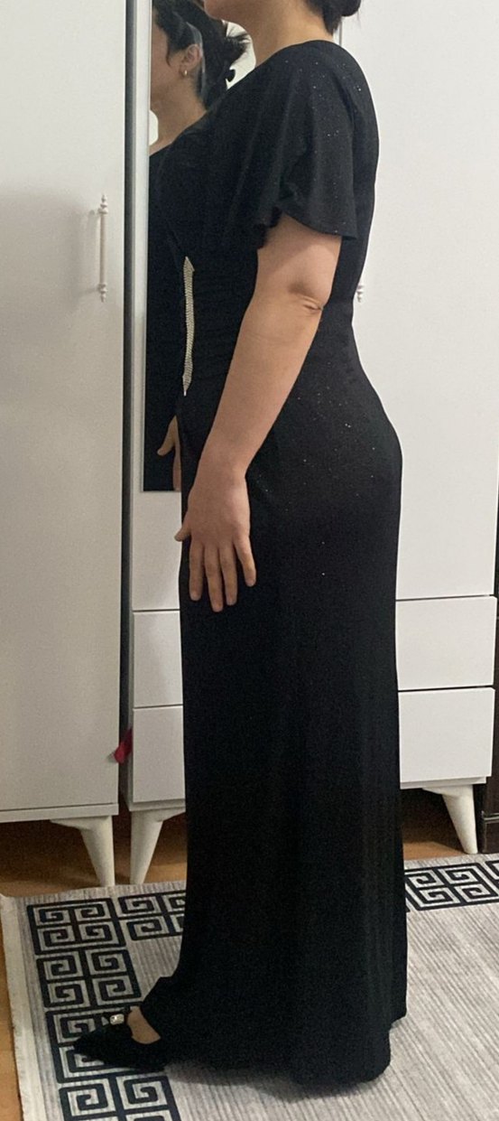 Siyah Drapeli Uzun V Yaka Abiye Elbise - Görsel 2