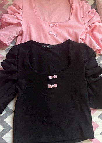 Diğer Fiyonklu Uzun Kollu Fit Bluz - Pembe & Siyah