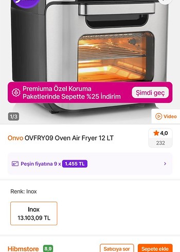 Onvo OVFRY09 12 LT Hava Fritözü