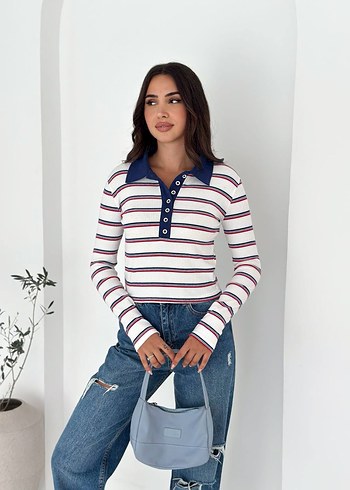 Polo Yaka Çizgili Kazak S/M/L