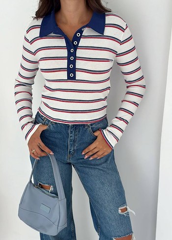 Diğer Polo Yaka Çizgili Kazak S/M/L