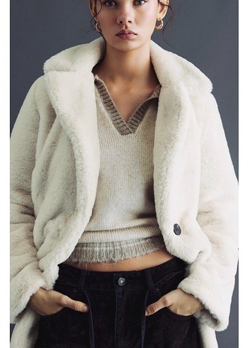 Pull &Bear Beyaz Midi Peluş Kadın Kaban - Görsel 3