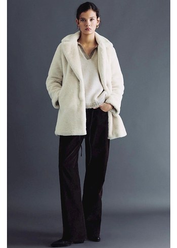 Pull &Bear Beyaz Midi Peluş Kadın Kaban - Görsel 2