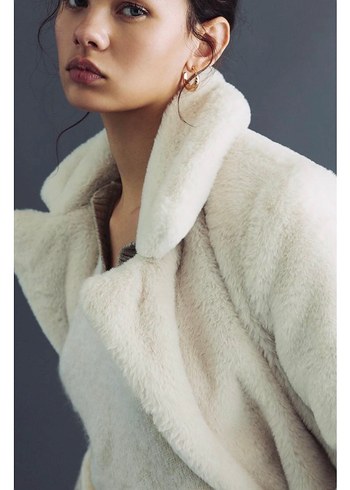 Pull &Bear Beyaz Midi Peluş Kadın Kaban - Görsel 5