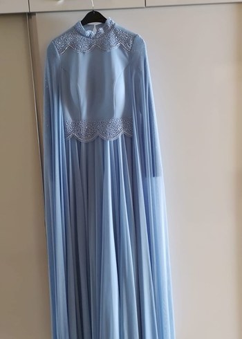 Mavi Uzun Kollu Drapeli Abiye Elbise - Görsel 3