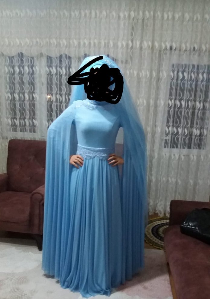 Mavi Uzun Kollu Drapeli Abiye Elbise - Görsel 2