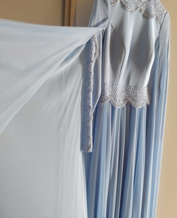 Mavi Uzun Kollu Drapeli Abiye Elbise - Görsel 4