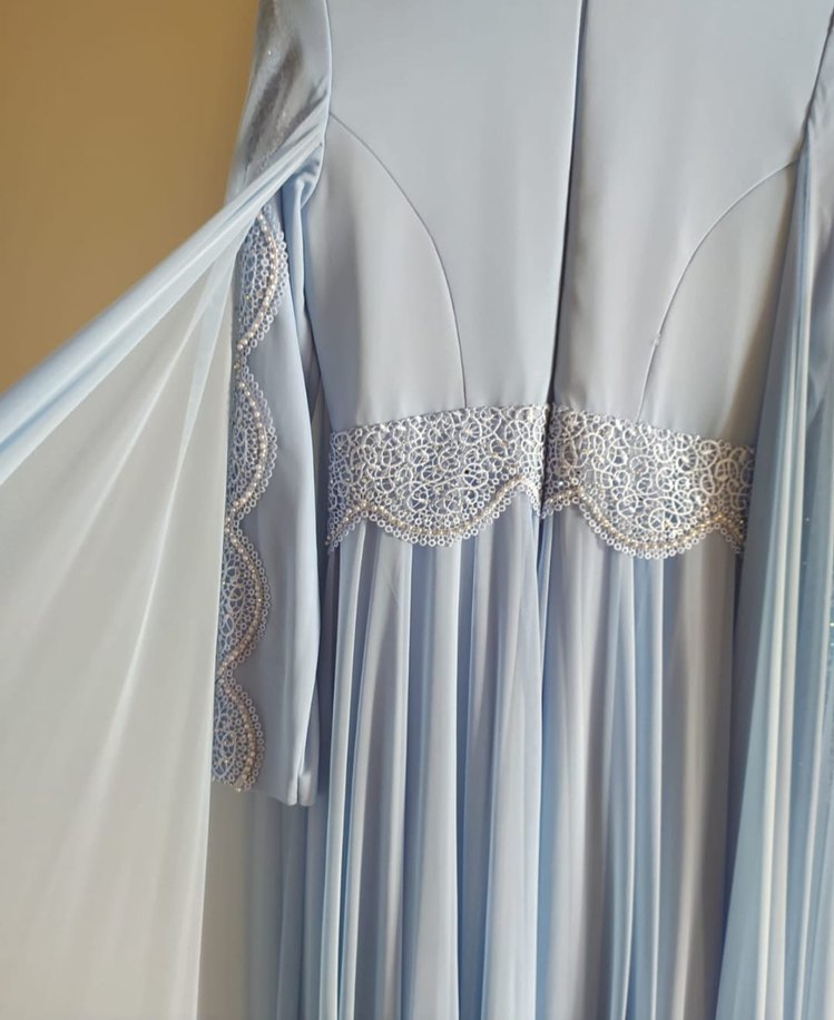 Mavi Uzun Kollu Drapeli Abiye Elbise - Görsel 5