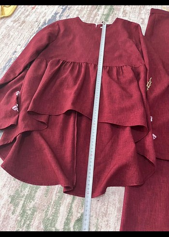 Bordo Nakış Detaylı Uzun Kollu Salaş Elbise - Görsel 5