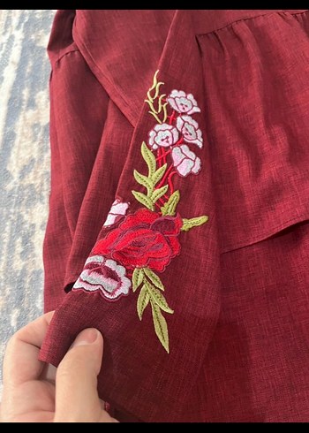 38 Beden Bordo Nakış Detaylı Uzun Kollu Salaş Elbise