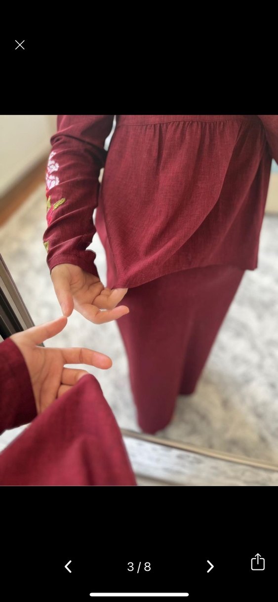 Bordo Nakış Detaylı Uzun Kollu Salaş Elbise - Görsel 2