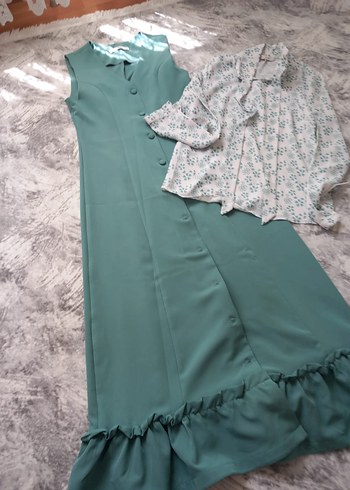 Düğmeli Turkuaz Uzun Elbise - Görsel 4