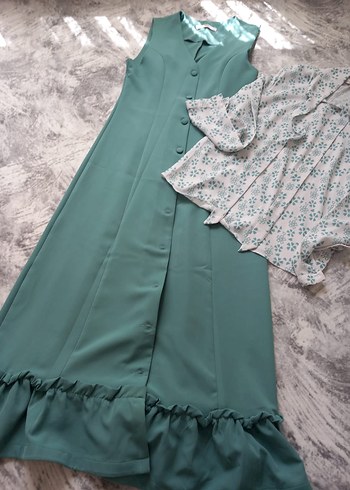 Düğmeli Turkuaz Uzun Elbise - Görsel 8