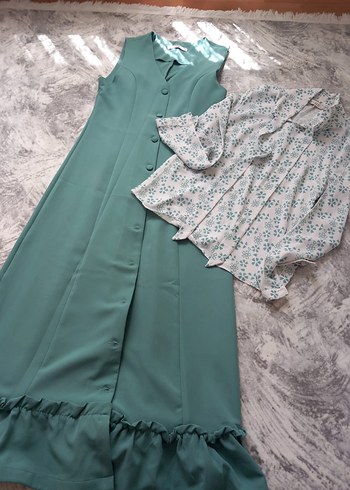 Düğmeli Turkuaz Uzun Elbise - Görsel 7