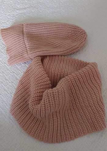 Pudra rengi Örgü Bere ve Boyunluk Seti - Görsel 3