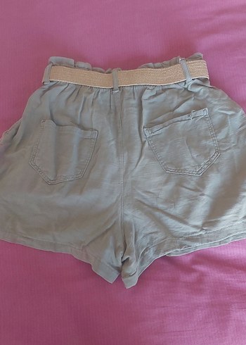 Kadın Haki renk Keten Kemerli Mini Şort - Görsel 4