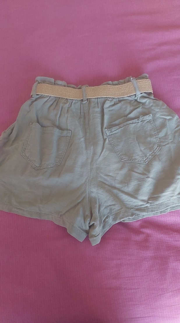 Kadın Haki renk Keten Kemerli Mini Şort - Görsel 4