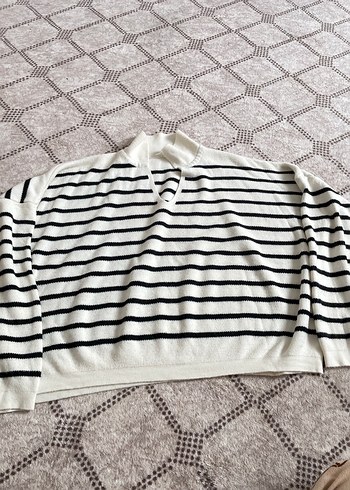 Çizgili V Yaka Kadın Triko Kazak - Görsel 4