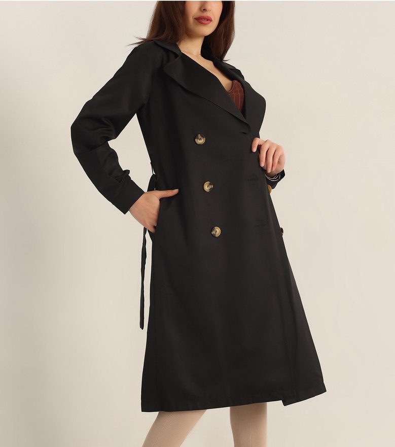 Siyah Düğmeli Uzun Kadın Trençkot - Görsel 2