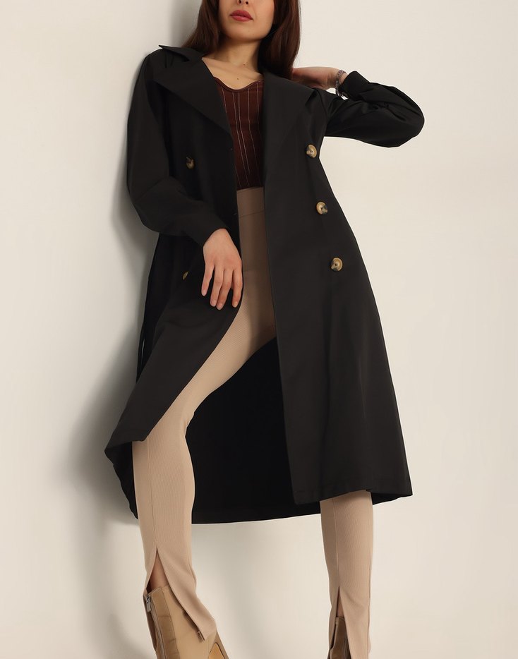 Siyah Düğmeli Uzun Kadın Trençkot - Görsel 4