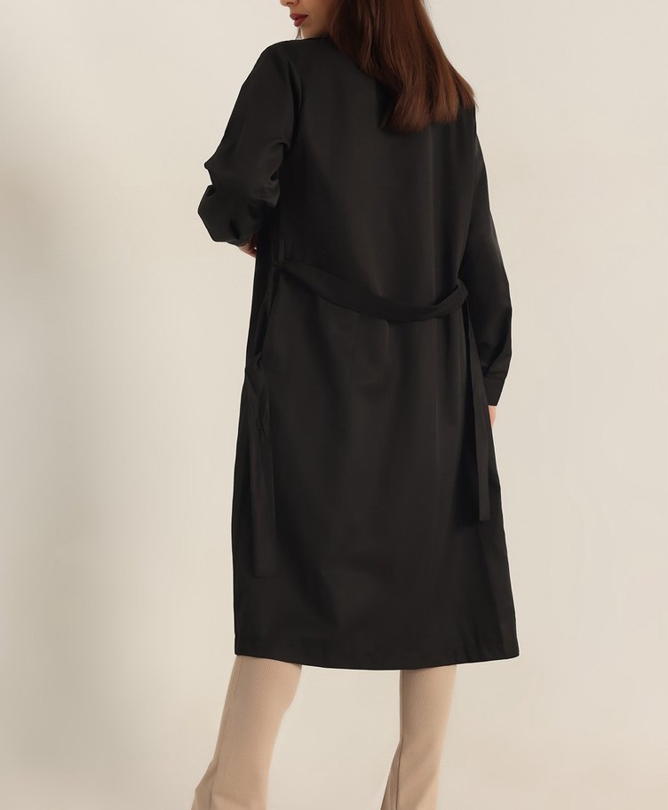 Siyah Düğmeli Uzun Kadın Trençkot - Görsel 3