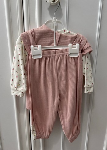 Pembe Düğmeli Uzun Kollu Bebek Kız Takımı - Görsel 2