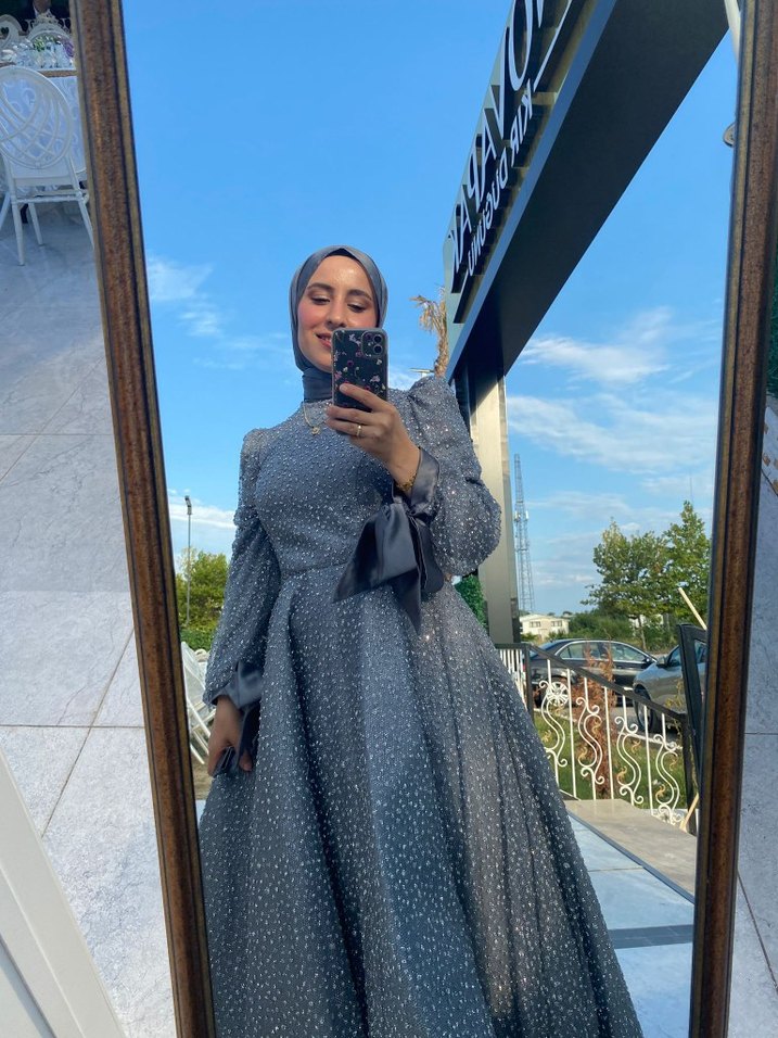 Uzun Kollu Gri Abiye Kadın Elbise #Abiye - Görsel 3