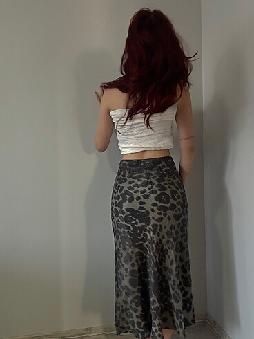 s Beden Leopar desenli saten etek