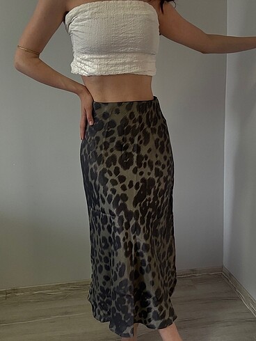 Leopar desenli saten etek
