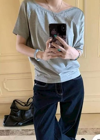 Gri Basic Düşük Omuz Kısa Kol T-shirt