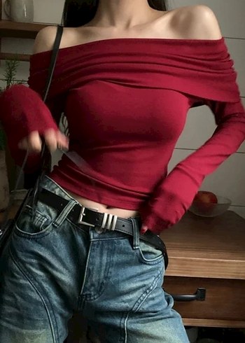 s Beden Bordo Madonna Yaka Omzu Açık Uzun Kollu Crop