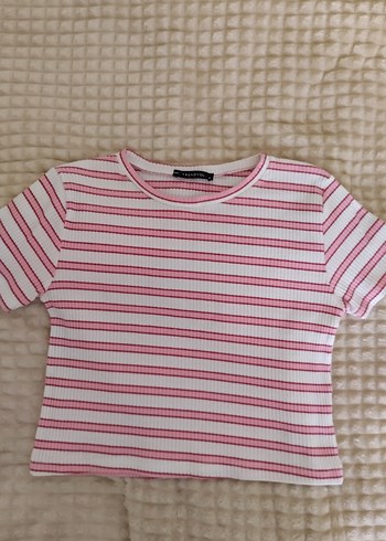 Kadın Pembe Çizgili Kısa Kollu Crop Tişört