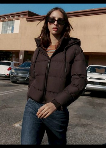 XS Kahverengi Kapüşonlu Kadın Mont - Görsel 6